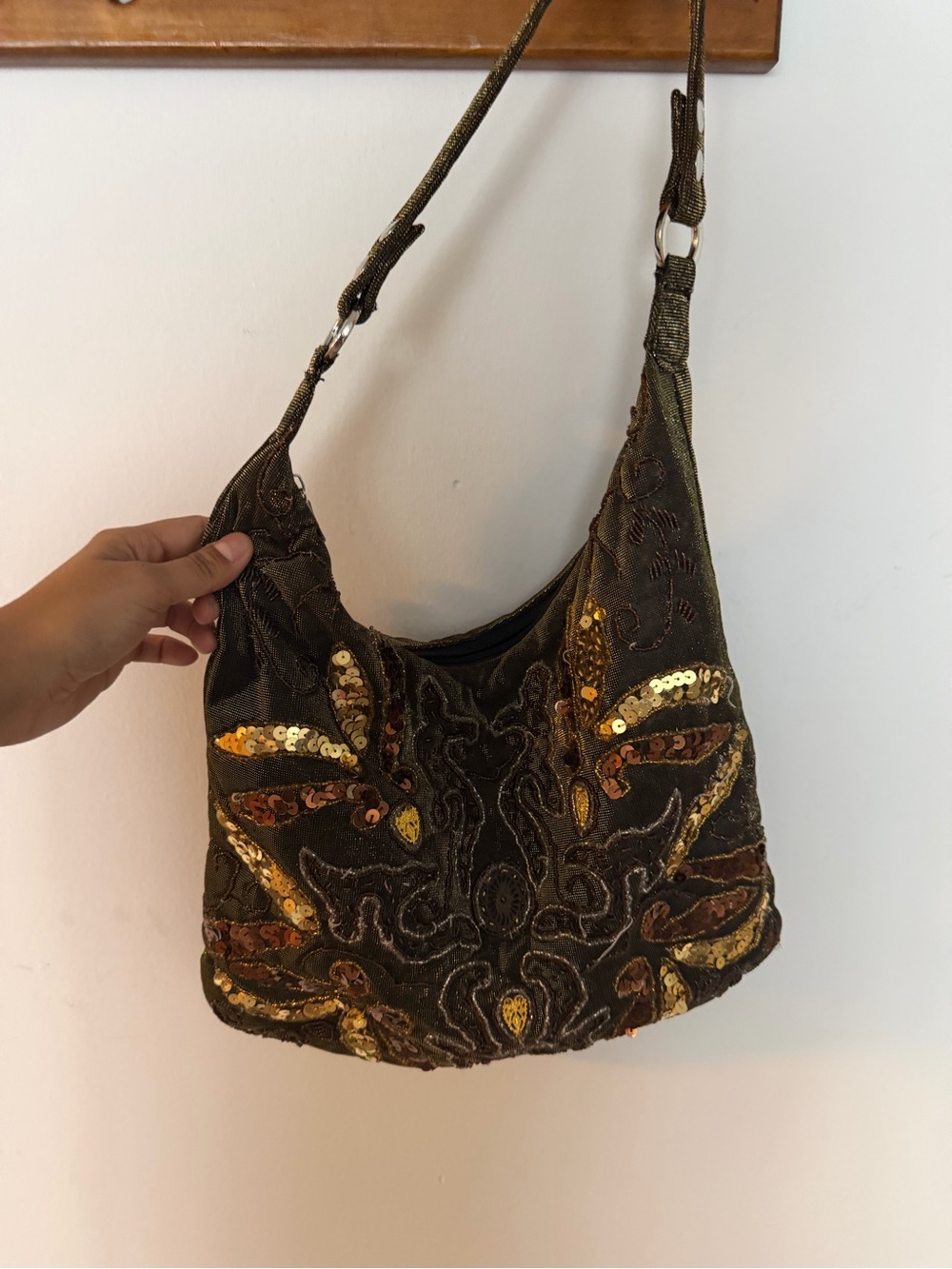 Rachel Olive Green Hobo with Gold Sequin Embellishment